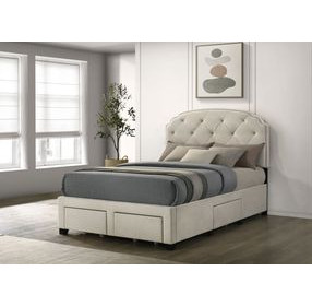 Marianna Cream Full Upholstered Platform Bed with Storage and Nailhead Trim