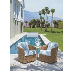 Palm Desert Poolside Blue and White Upholstered Outdoor Swivel Occasional Chair