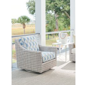 Seabrook Blue and White Upholstered Swivel Glider Outdoor Lounge Chair