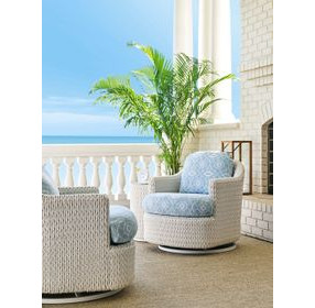 Ocean Breeze Promenade Blue and White Upholstered Outdoor Occasional Swivel Chair
