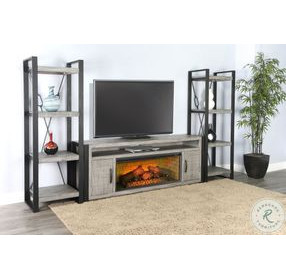 Industrial Hearth Gray 126" Media Wall with Log Fireplace Insert