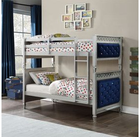 Varian Blue and Silver Twin Over Twin Upholstered Bunk Bed with Nailhead Trim