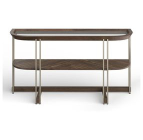 Elora Walnut and Tarnished Silver Demilune Glass Top Sofa Table