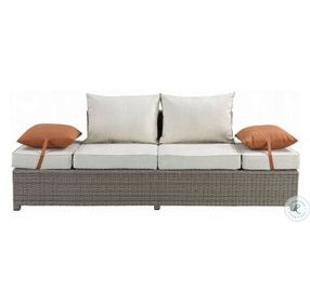Salena Beige Fabric and Gray Wicker Patio Sofa with 2 Pillows and Rectangular Ottoman