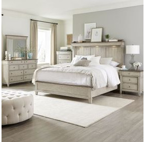 Ivy Hollow Weathered Linen and Dusty Taupe California King Mantle Bed with LED and Nailhead Trim