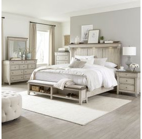 Ivy Hollow Weathered Linen and Dusty Taupe California King Mantle Storage Bed with LED and Nailhead Trim