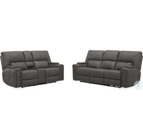 Hudson Coal Leather Triple Power Reclining Console Loveseat with Bluetooth Speakers and Cooler