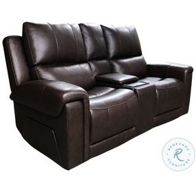 Burton Reno Walnut Leather Triple Power Reclining Console Loveseat with Bluetooth Speakers