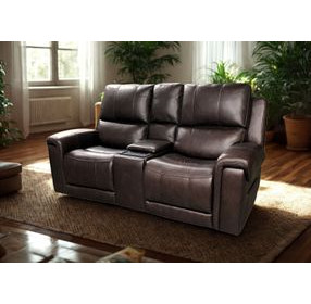 Burton Reno Walnut Leather Power Reclining Console Loveseat with Power Headrest and Lumbar