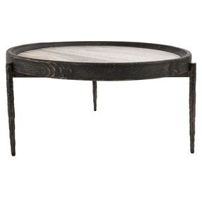 Dakota Weathered Black and Beige Round Travertine Top Coffee Table