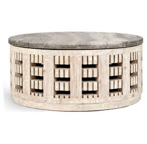 Becky Timeworn Cream and Gray Round Travertine Top Coffee Table
