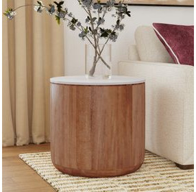 Josie Hickory Brown and White Round Marble Top End Table
