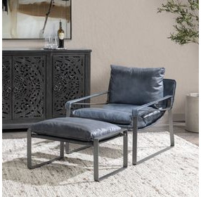 Morgan Ocean Blue Leather Upholstered Ottoman Stool