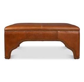 Streetman Havana Brown Leather Upholstered Square Cocktail Ottoman with Nailhead Trim