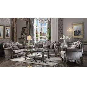 Versailles Antique Platinum Living Room Set with Pillows and Nailhead Trim