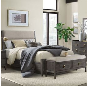 Portia Brushed Brindle and Beige Queen Upholstered Panel Bed with Storage Bench
