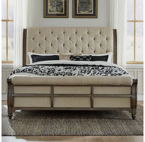 Americana Farmhouse Dusty Taupe and Black California King Upholstered Sleigh Bed with Nailhead Trim