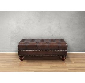 Waverly Caramel Leather Upholstered Rectangular Ottoman with Nailhead Trim