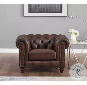 Waverly Caramel Leather Upholstered Accent Chair with Nailhead Trim