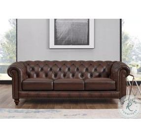 Waverly Caramel Leather 91" Sofa with Nailhead Trim
