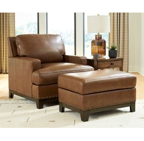 Brendola Amber Leather Upholstered Rectangular Ottoman with Nailhead Trim