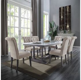Yabeina White and Gray Oak 71" Rectangular Marble Top Dining Table