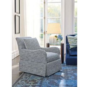 Palm Frond Rendezvous Blue Upholstered Swivel Chair with Pillow