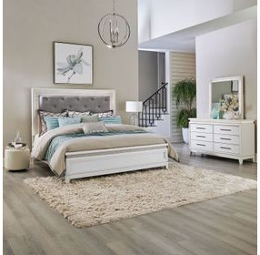 Reflections Pearl White and Gray California King Upholstered Panel Bed with LED