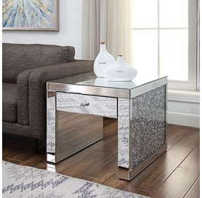 Noralie Silver and Gray Square Glass Top End Table with 1 Drawer