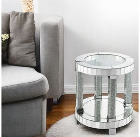 Noralie Silver and Gray Round Glass Top End Table with Storage