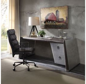 Brancaster Distress Chocolate and Silver Leather 80" Executive Writing Desk with Nailhead Trim