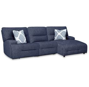 Acklen Place Navy Performance Fabric 3 Piece Modular Power Reclining Sectional with RAF Chaise and USB Charging