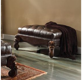 Versailles Dark Brown Upholstered Rectangular Ottoman with Nailhead Trim