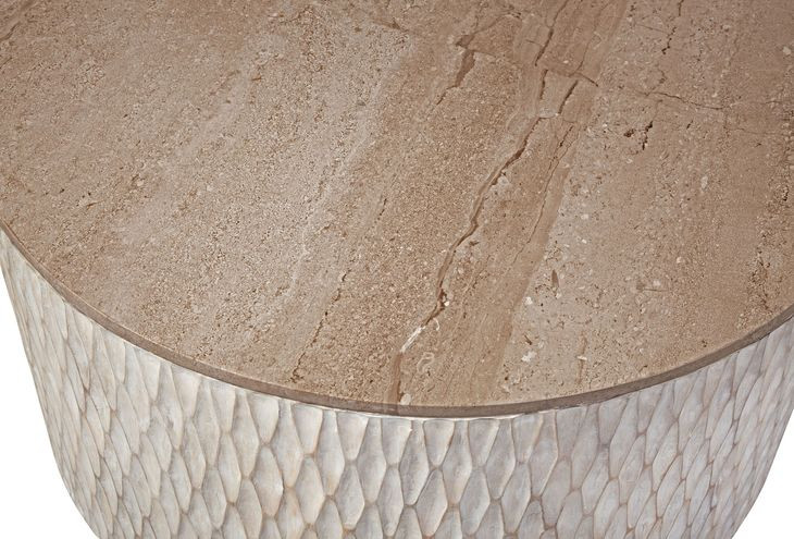 Lorenzo White Wash and Natural Round Travertine Top Coffee Table