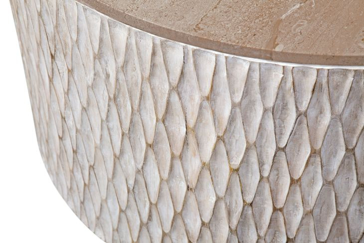 Lorenzo White Wash and Natural Round Travertine Top Coffee Table
