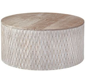 Lorenzo White Wash and Natural Round Travertine Top Coffee Table