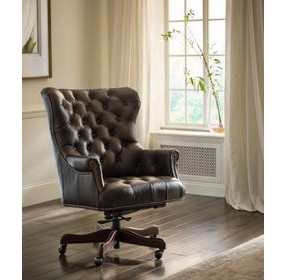 Jefferson Burnished Walnut Leather Upholstered Executive Chair with Nailhead Trim and Casters