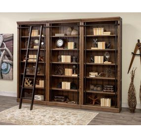 Avondale Weathered Oak 3 Tall Bookcase Wall with Ladder