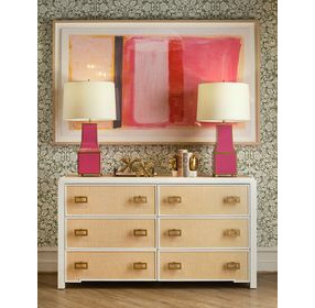 Atticus Matte White Lacquer Frame and Natural Grasscloth 6 Drawer Dresser