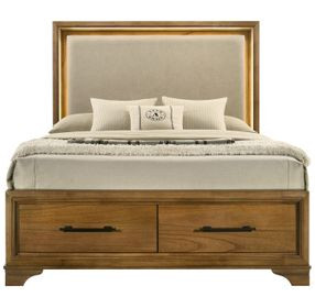 Talcott Warm Honey Brown Upholstered Storage Platform Bedroom Set with LED