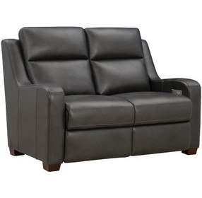 Ayden Elway Dark Gray Leather 60" Power Reclining Loveseat with Power Headrests and Power Lumbar