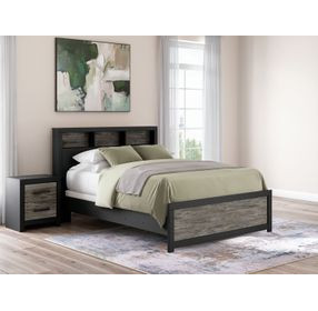 Ryderton Warm Gray and Matte Black Queen Bookcase Headboard with LED