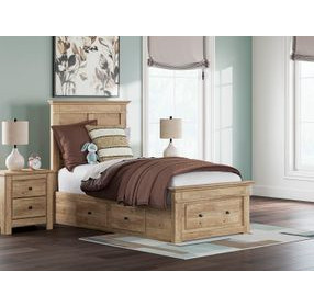 Fenderport Tan Twin Panel Bed with Storage Footboard and 4 Side Drawer