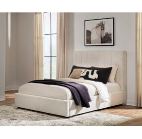 Shoralli Beige Queen Upholstered Storage Panel Bed