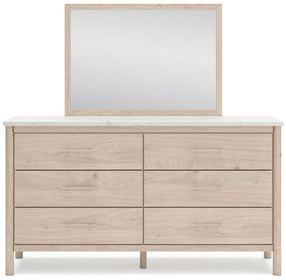 Cadmori Champagne and White 6 Drawer Marble Top Dresser and Rectangular Mirror