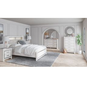 Altyra White and Gray Upholstered Bookcase Panel Bedroom Set with LED