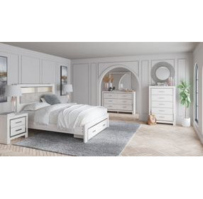 Altyra White and Gray Upholstered Bookcase Storage Bedroom Set with LED