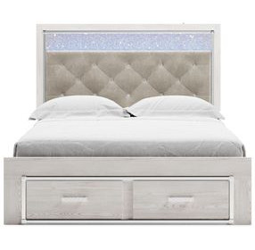 Altyra White and Gray Upholstered Storage Panel Bedroom Set with LED