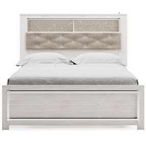 Altyra White and Gray Upholstered Bookcase Panel Bedroom Set with LED