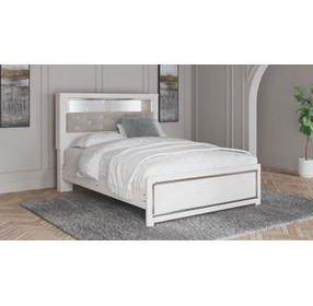 Altyra White and Gray Queen Upholstered Bookcase Panel Bed with LED